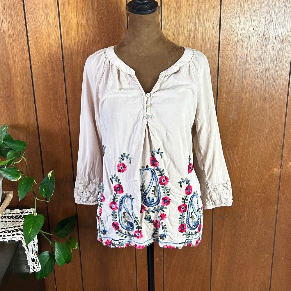 Figueroa & Flower Beige Embroidered Paisley Floral Lace Peasant Blouse Womens PL